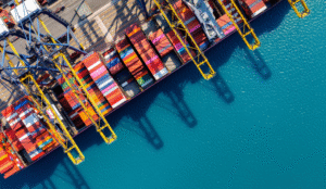 Shipping containers at a global logistics port representing protein supply chain resilience, protein security, global food systems, and diversified protein sourcing including mung bean protein isolate.