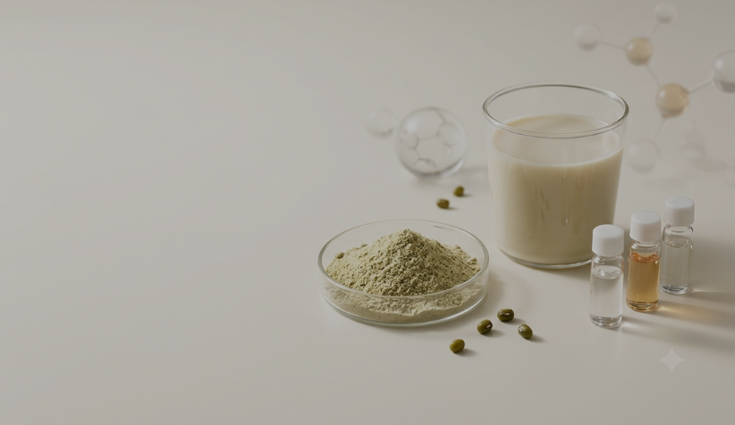 Macro editorial image of mung bean protein powder, a glass of plant protein beverage, mung beans and laboratory sample vials arranged on a clean, warm-white surface, illustrating protein oxidation, food chemistry and ingredient stability.